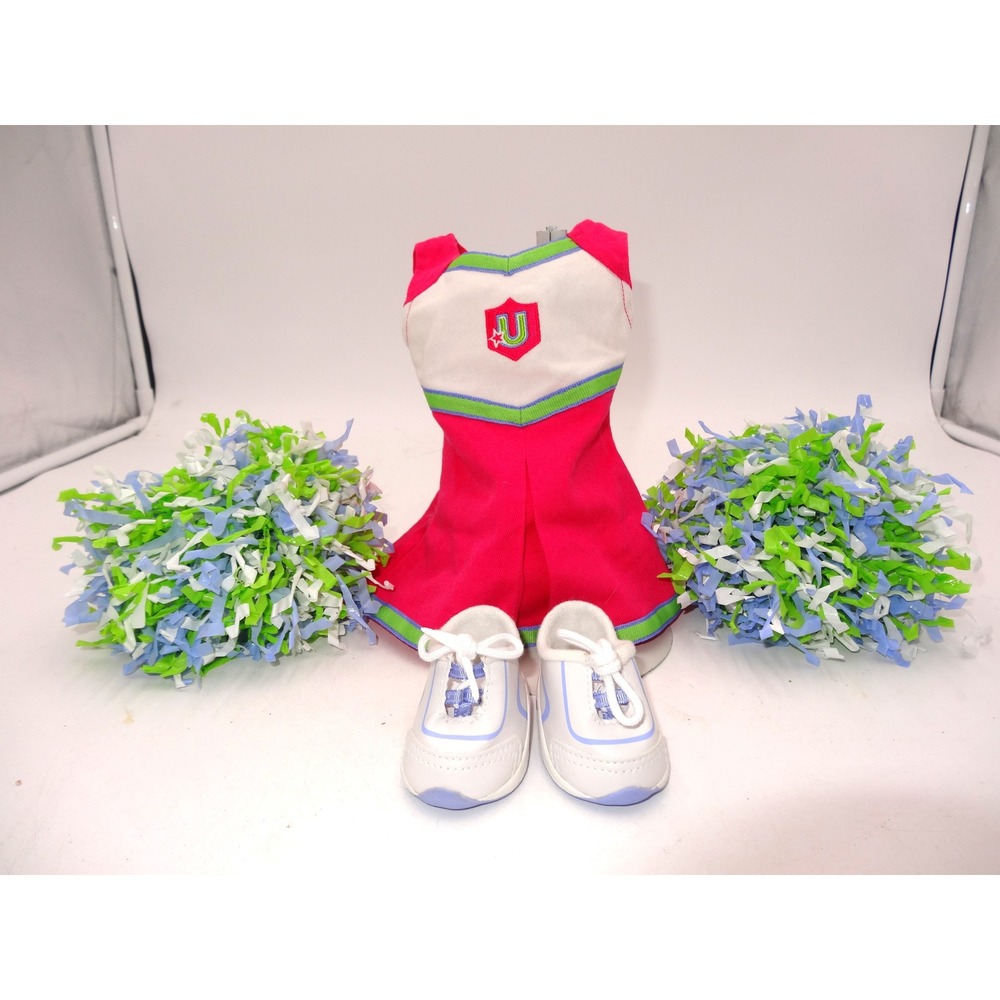 American Girl Campus Cheer Cheerleader Outfit Pink Dress Pom Poms Shoes